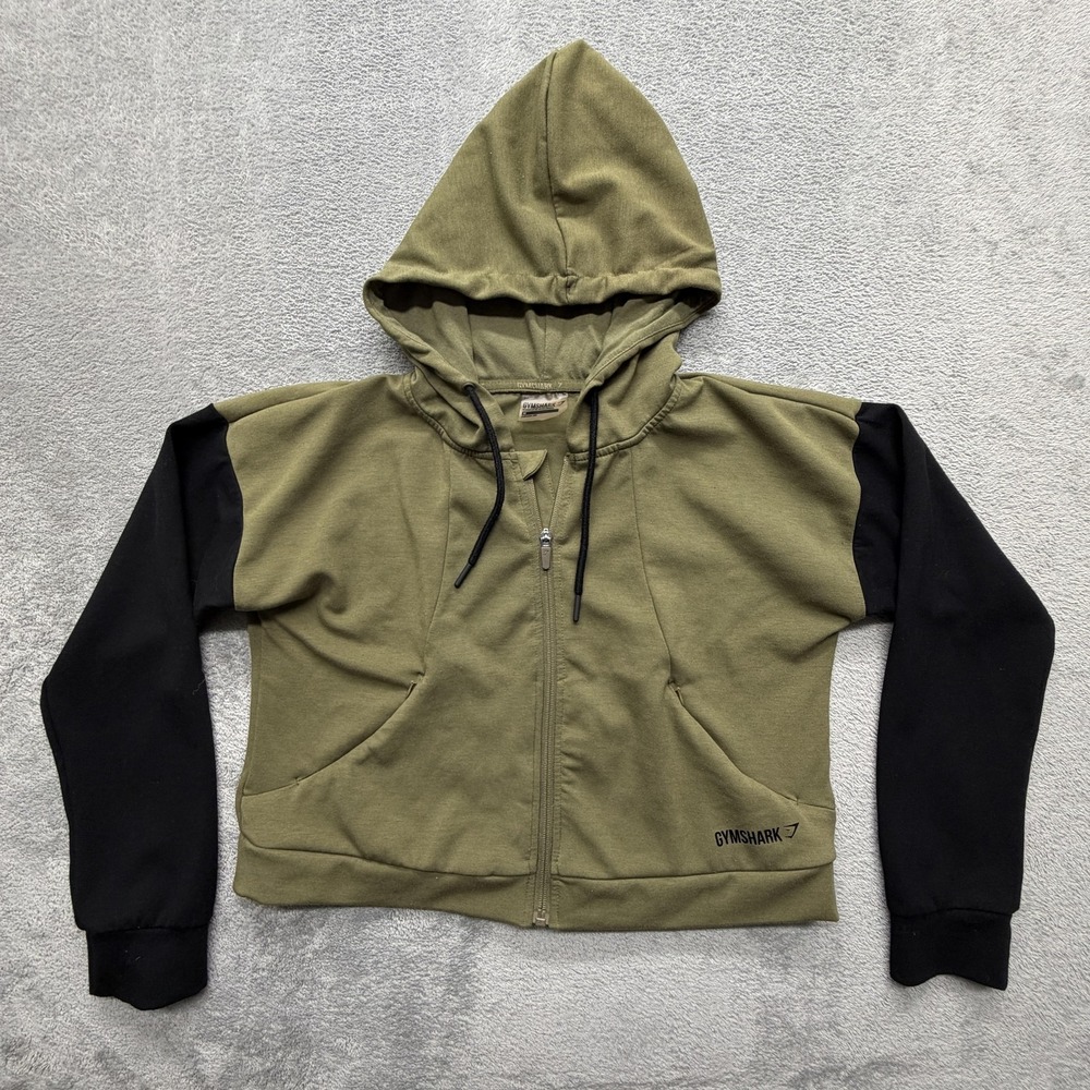 Gymshark Hoodie Womens Medium Green Black‎ Full Zip Colorblock Fleece Cropped